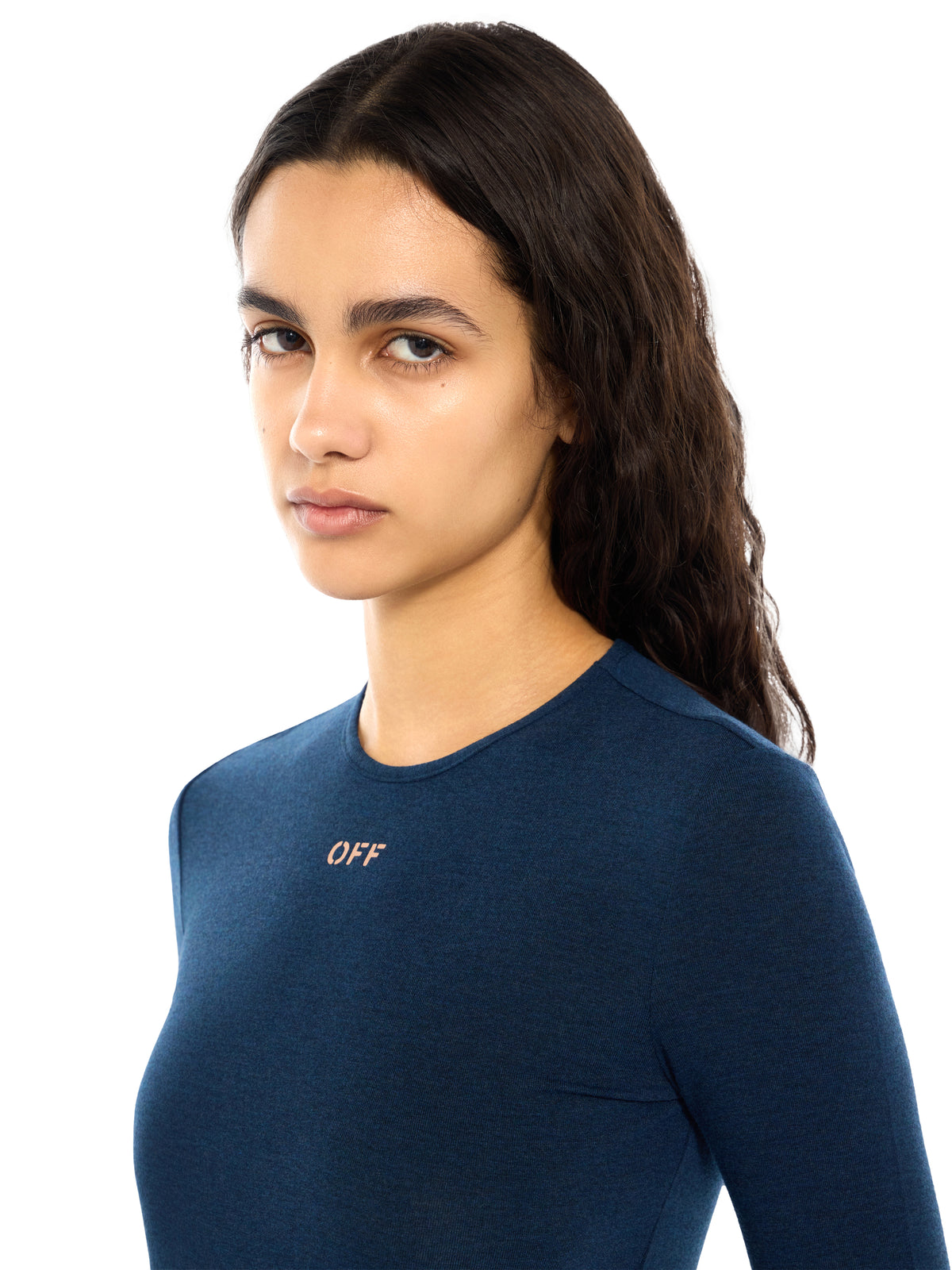 OFF WHITE Off Stamp Fitted Long Sleeve Top Blue Melange Bellini 2FB00408T