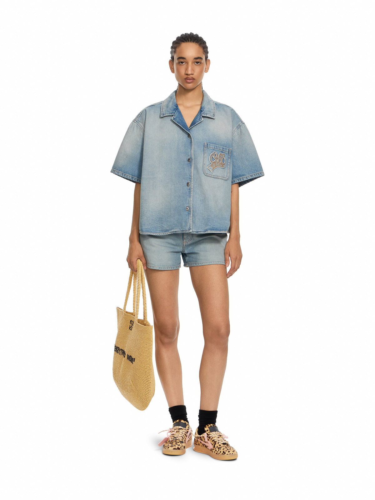 College Patch Denim Shorts