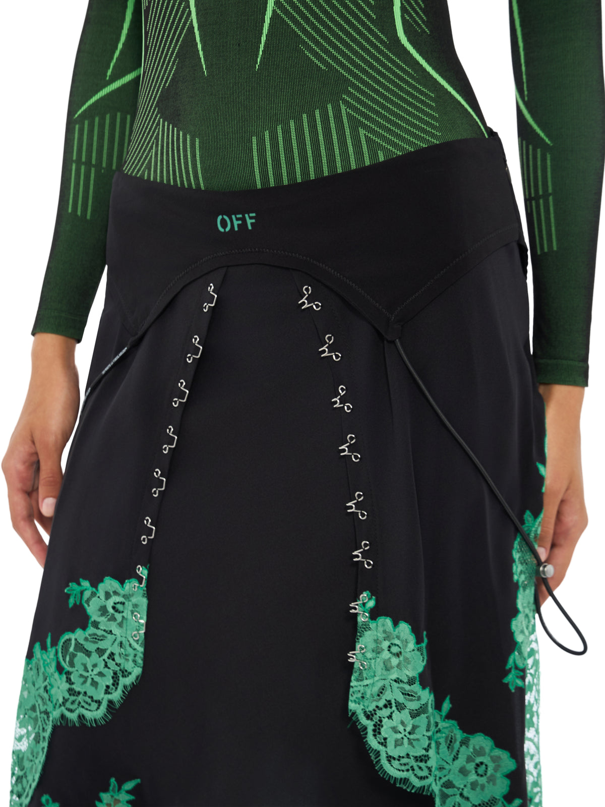 OFF WHITE Silk Lingerie Corset Midi Skirt Black Kelly Green 2FS00746B
