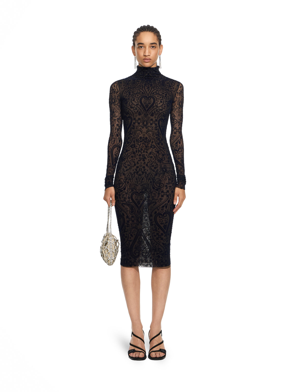 Paisley Flock Mock-Neck Midi Dress