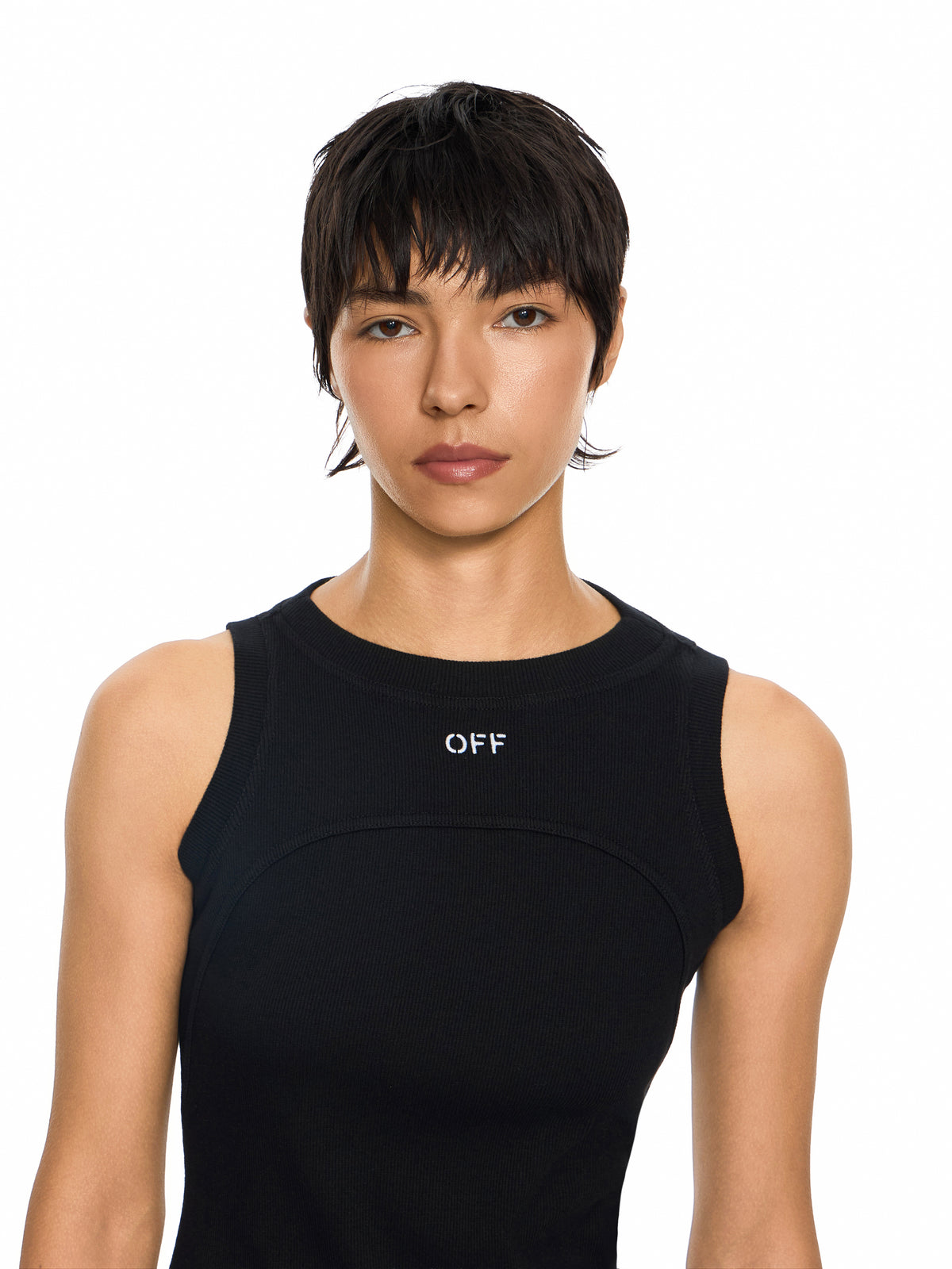 OFF WHITE Off Stamp Ribbed Round-Neck Mini Dress Black-White 2FU00680T