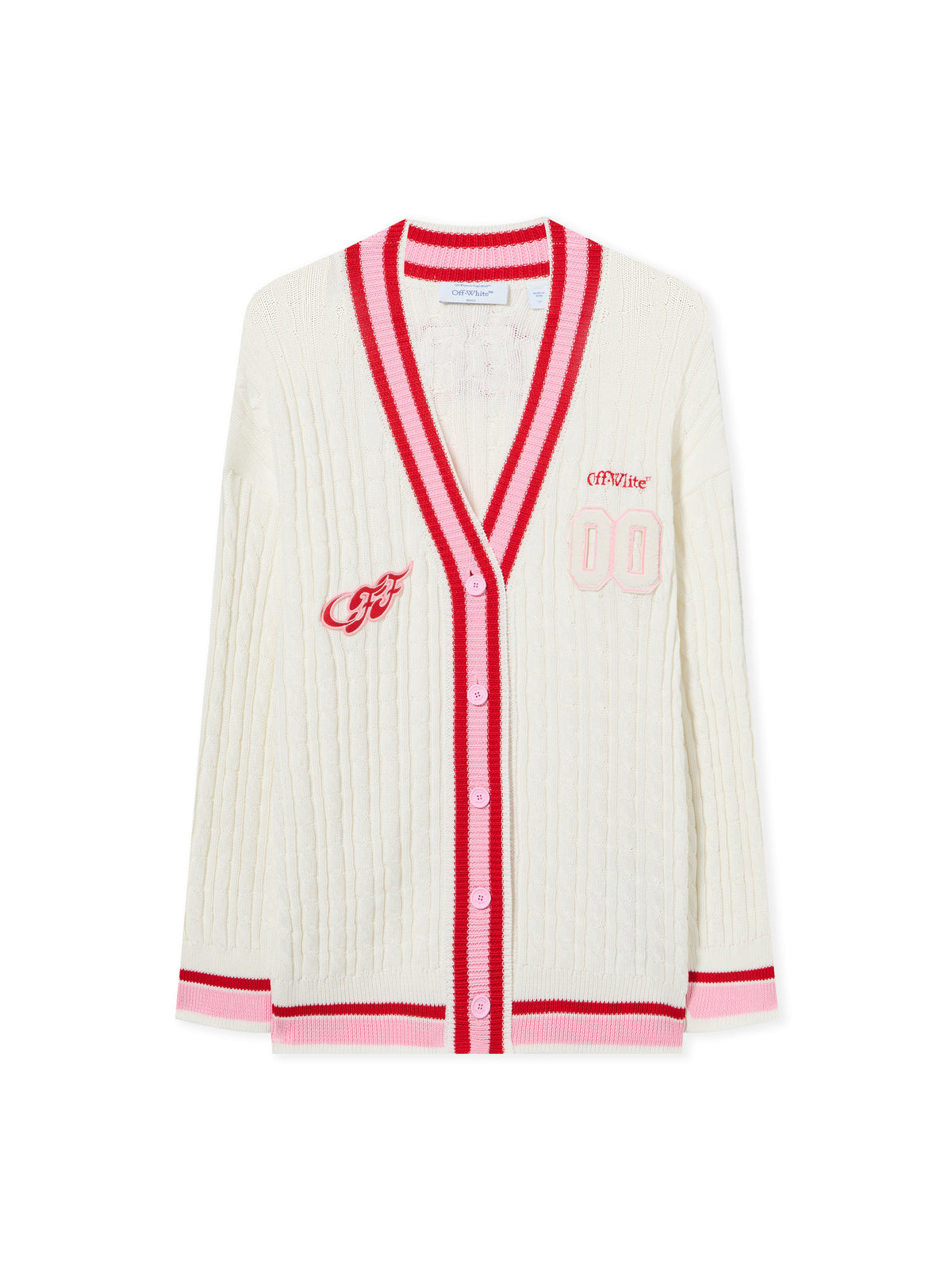 OFF WHITE College Patch Cable Knit Cardigan White-Haute Red 2HB04MS26KNI001