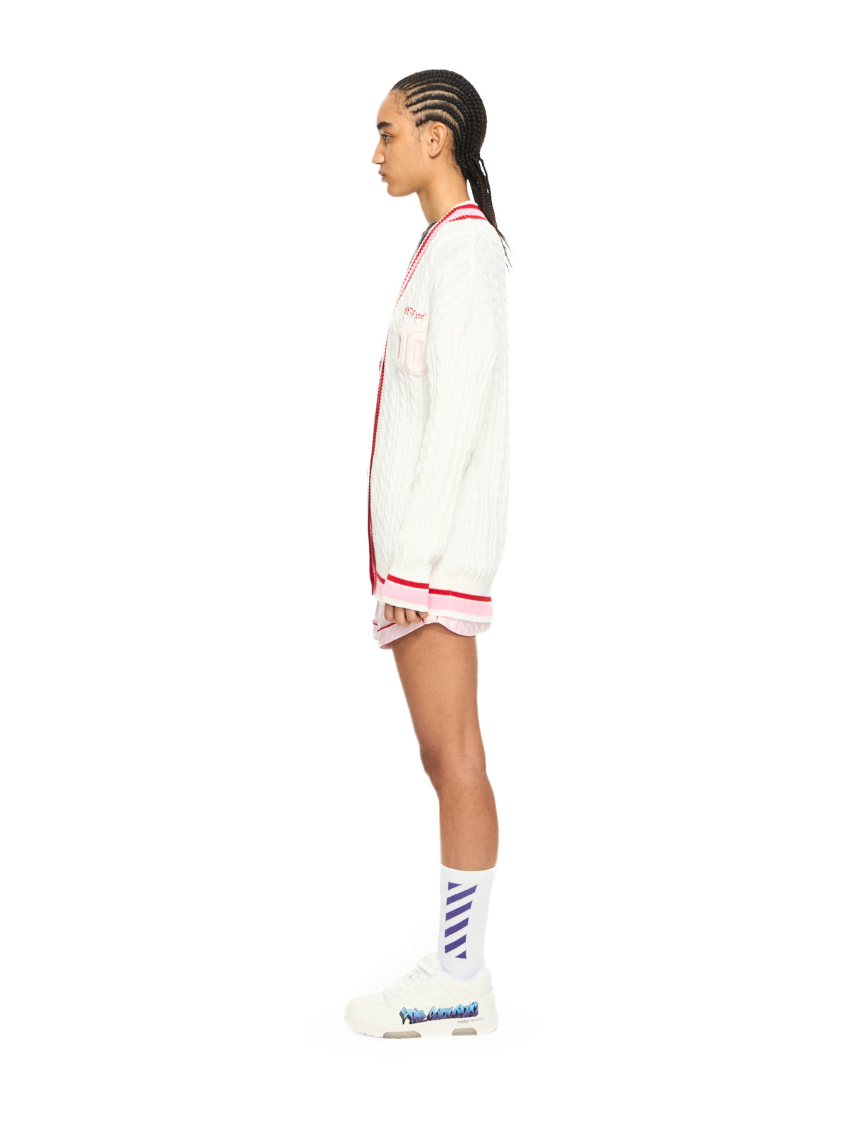 OFF WHITE College Patch Cable Knit Cardigan White-Haute Red 2HB04MS26KNI001