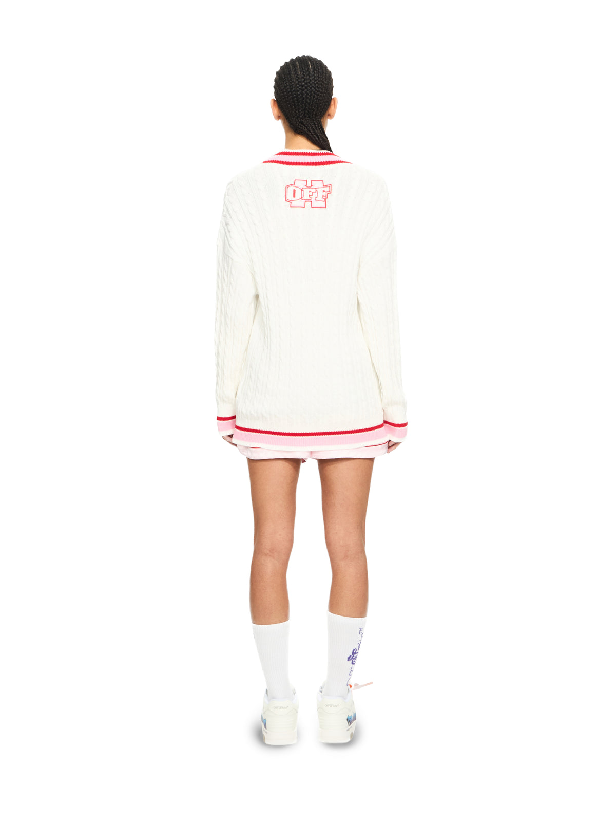 OFF WHITE College Patch Cable Knit Cardigan White-Haute Red 2HB04MS26KNI001