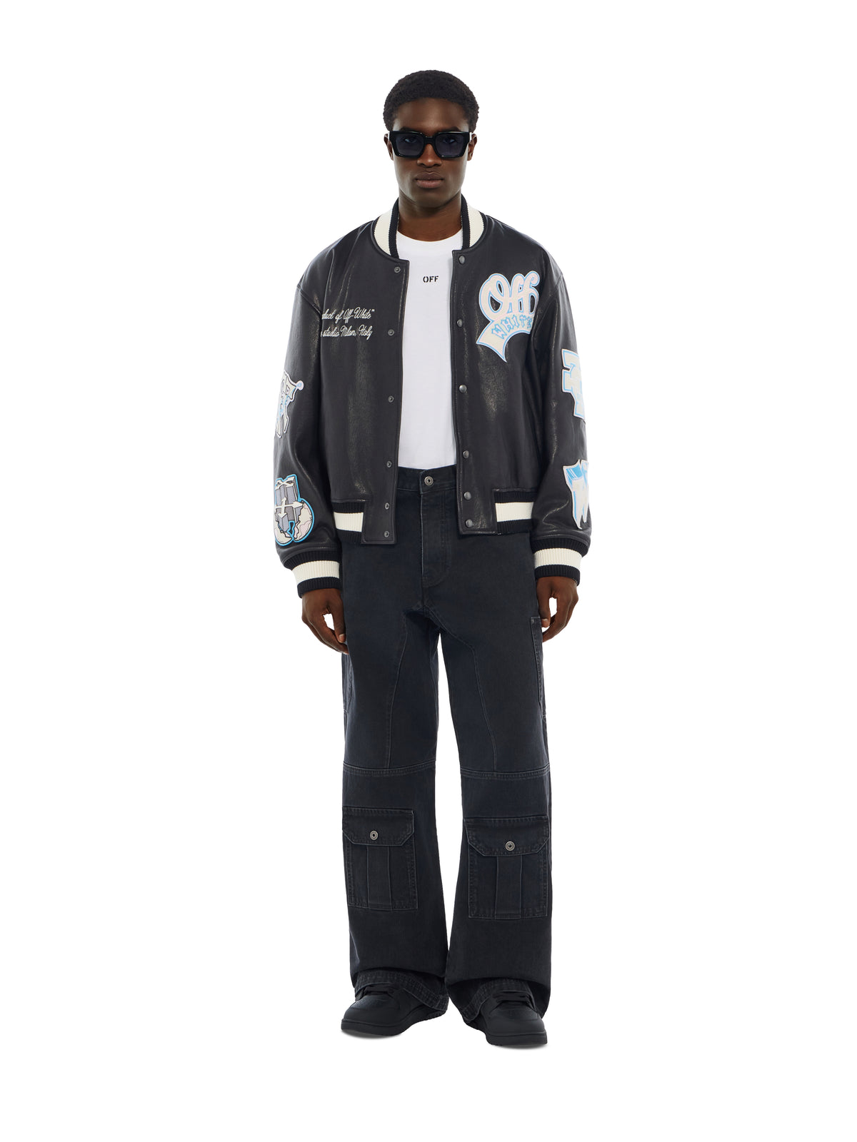 OFF WHITE OG Patches Racing Leather Varsity Jacket BLACK 44MJA142F26L001