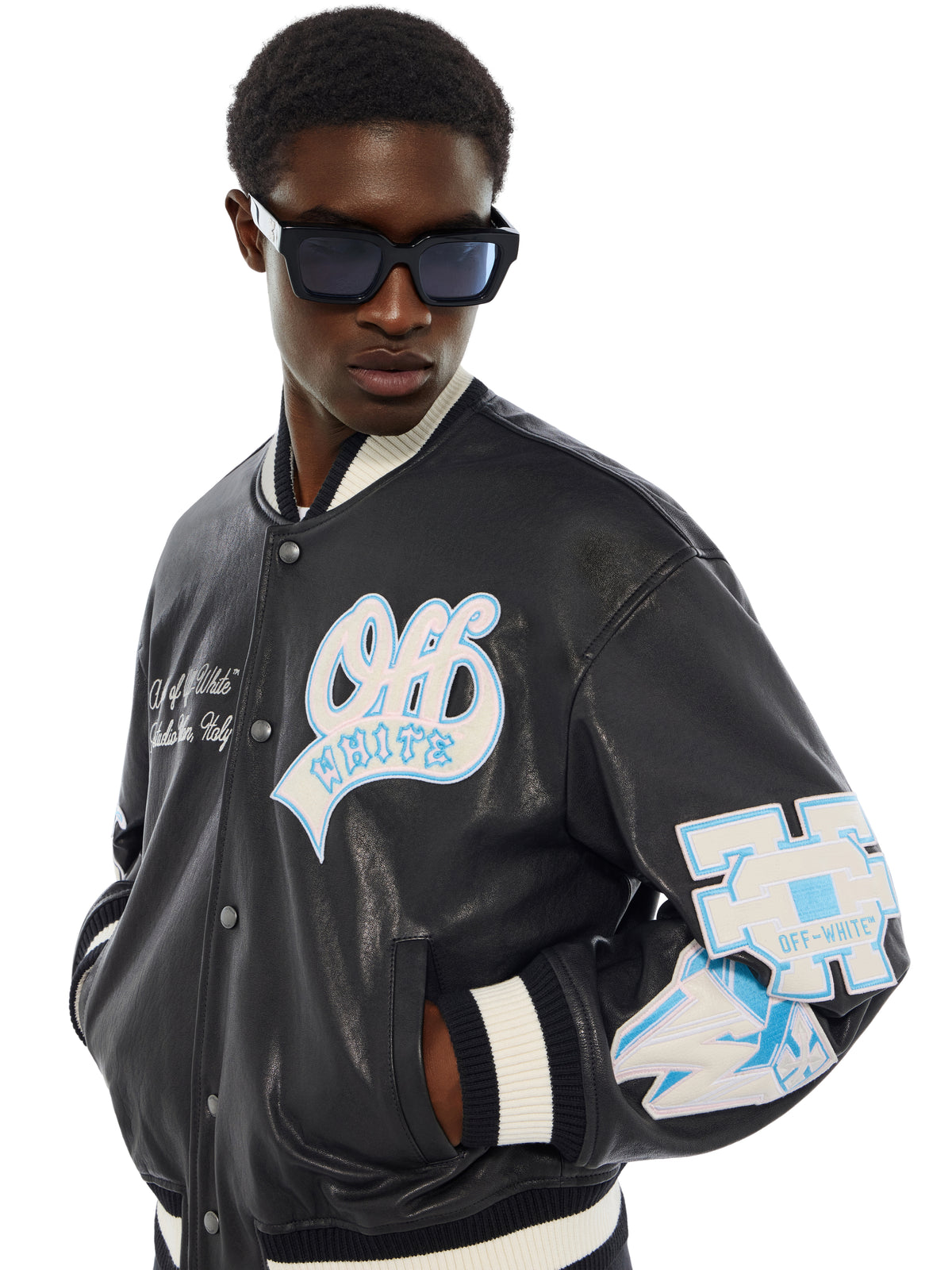 OFF WHITE OG Patches Racing Leather Varsity Jacket BLACK 44MJA142F26L001