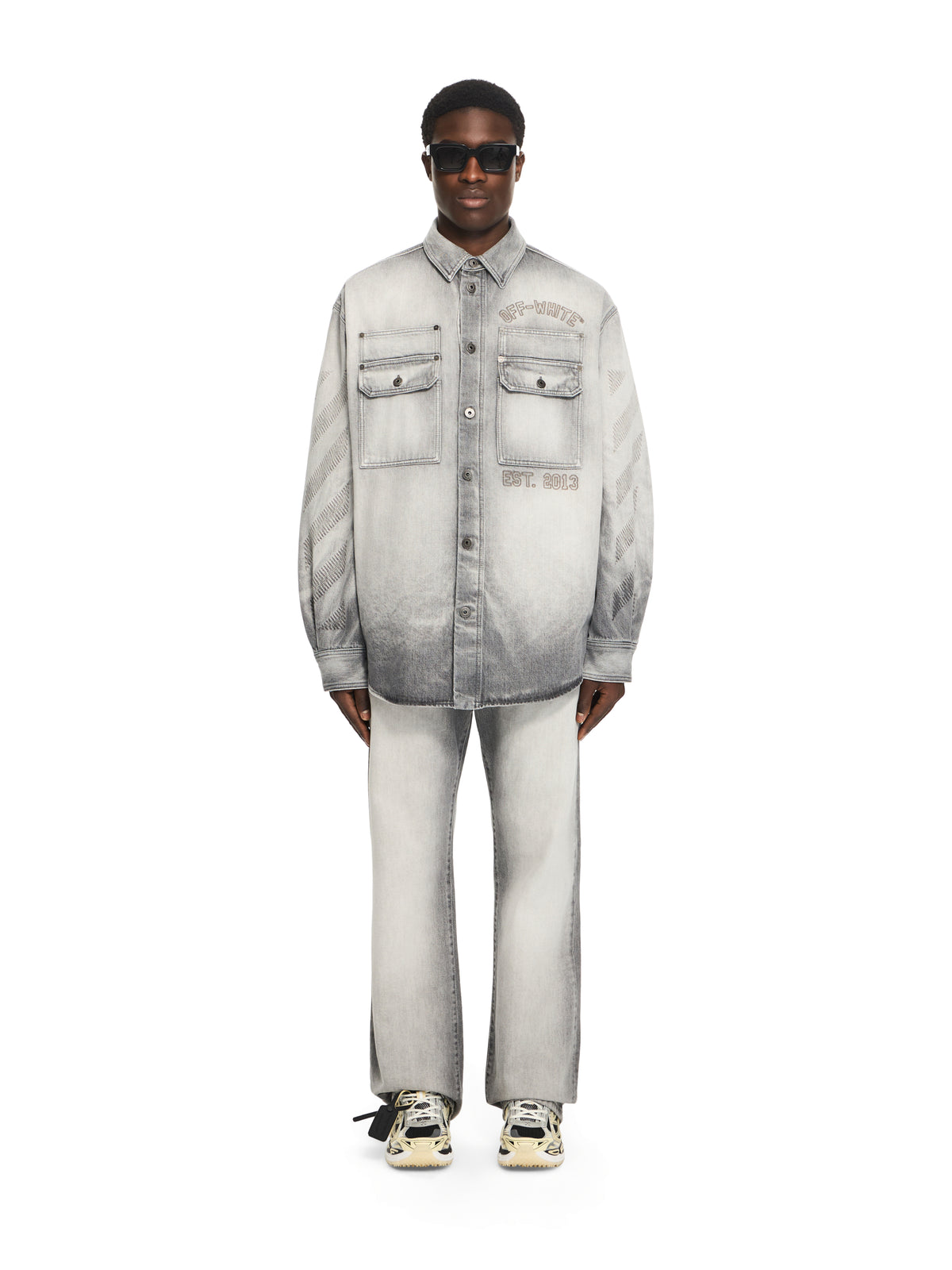 Diagonal Embroidered Denim Military Overshirt