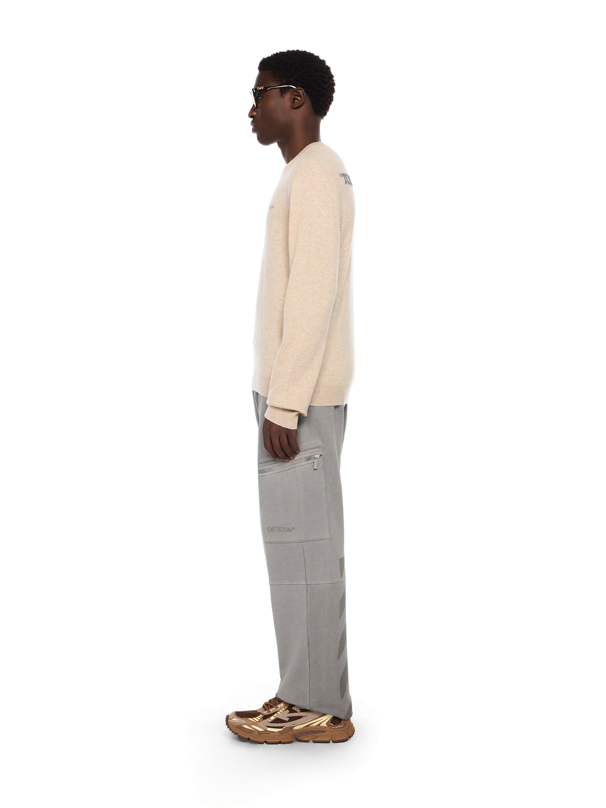 OFF WHITE Quote Knit Crewneck Logo Sweater BEIGE MELANGE - ANTHRACITE OMHE20OF25KNI001