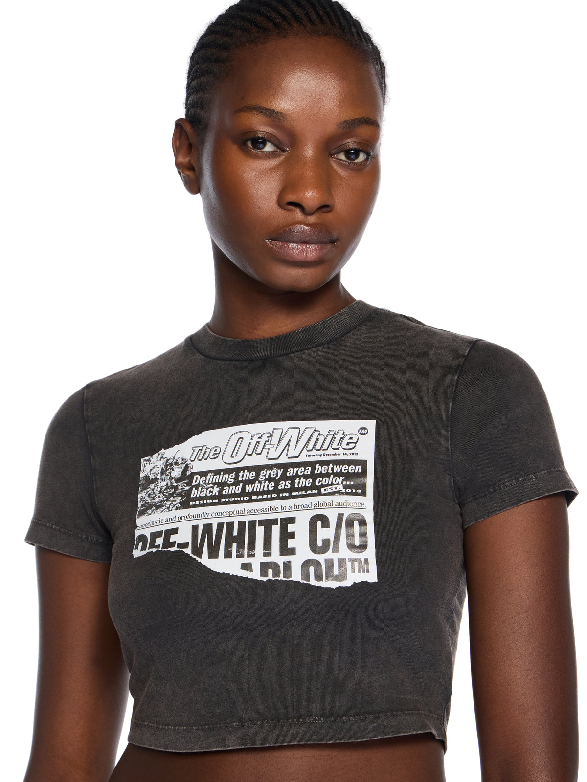 OFF WHITE News Print 90s Crop Logo Tee MARBLE BLACK-BLACK OWAA133F25JER002